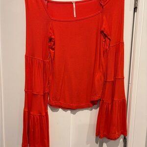 Free People Fiery Red Flared Sleeve Blouse